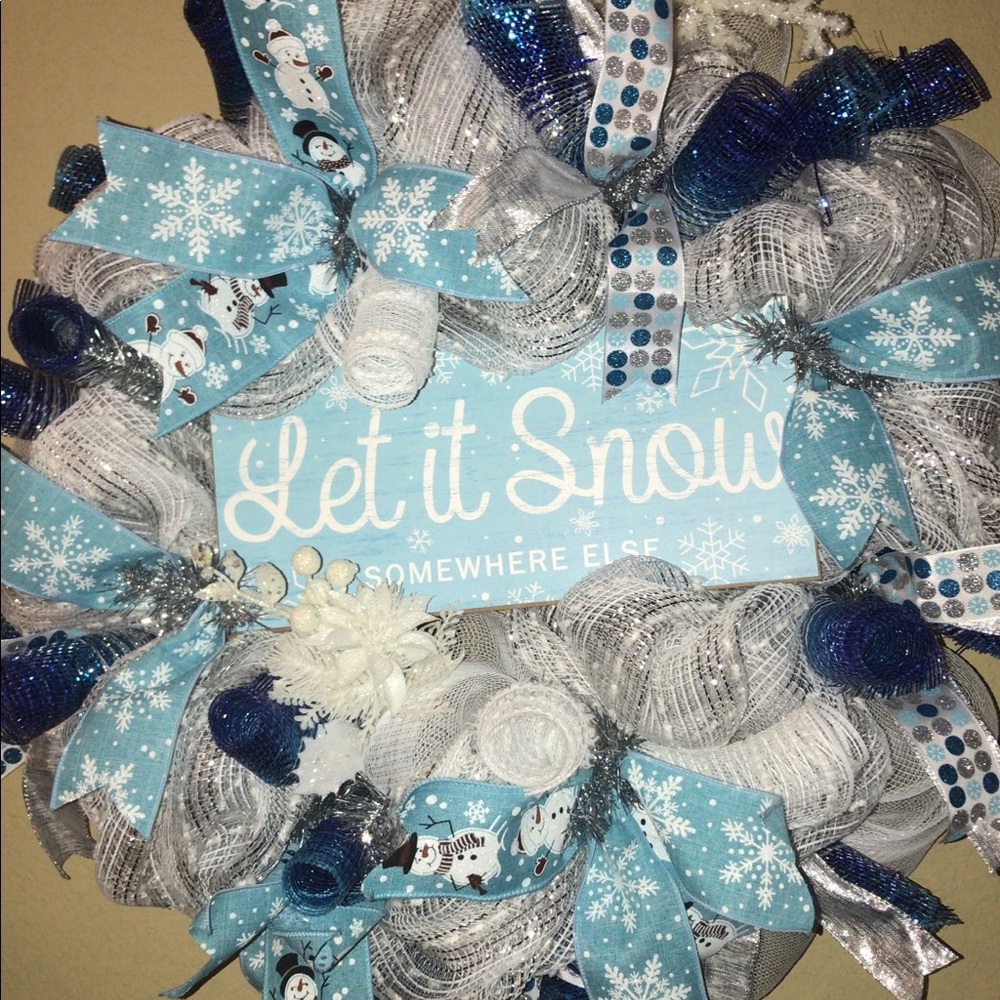 Let it Snow Handmade holiday Wreath snowman teal